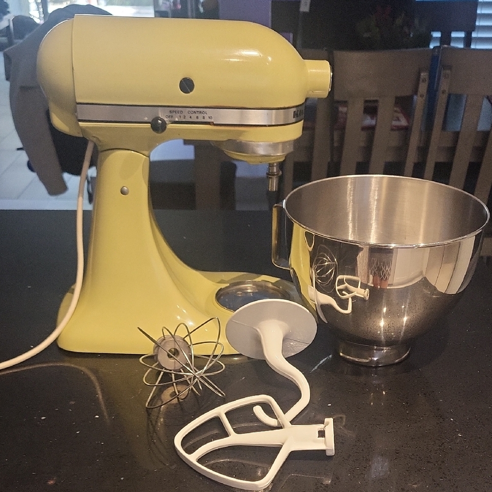 Vintage Kitchenaid K45 Model Yellow Stand Mixer with Attachments